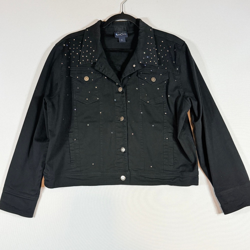 Las Olas XL Denim‎ Jacket Black Womens Rhinestone Whimsical Western Sparkle Glam